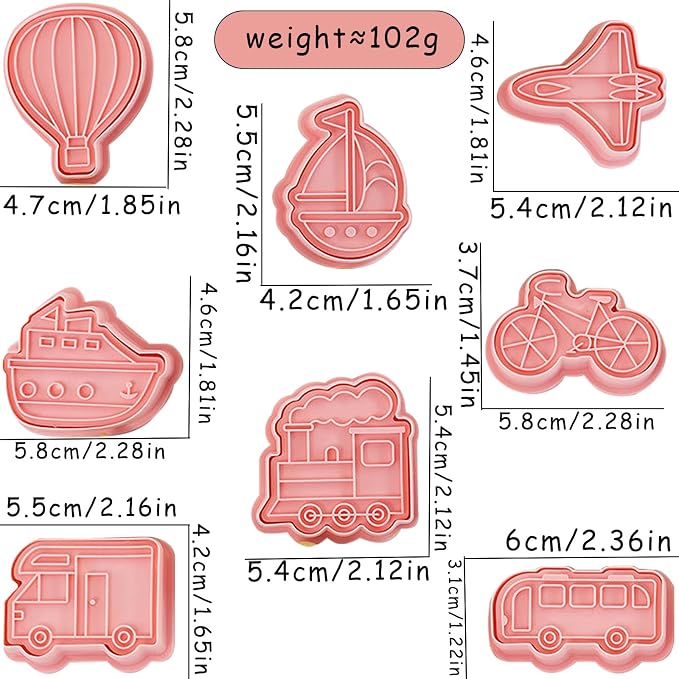 8 Pcs Transportation Vehicle Cookie Cutters Set 3D Truck Airplane Shaped Cartoon Biscuit Cutters With Plunger Stamps for DIY Baking Crackers Fondant Decorations Cake Decorations Desserts