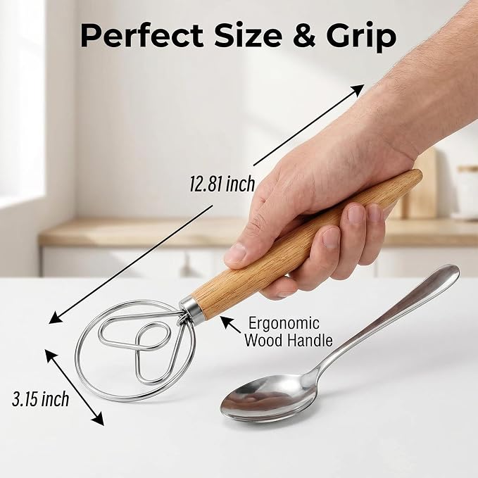 TEEVEA Danish Dough Whisk, Stainless Steel Wood Handle for Sourdough Bread | Dishwasher safe, non-stick, effortless mixing, dutch dough stirrer, for bread batter pastry, sourdough baking tool