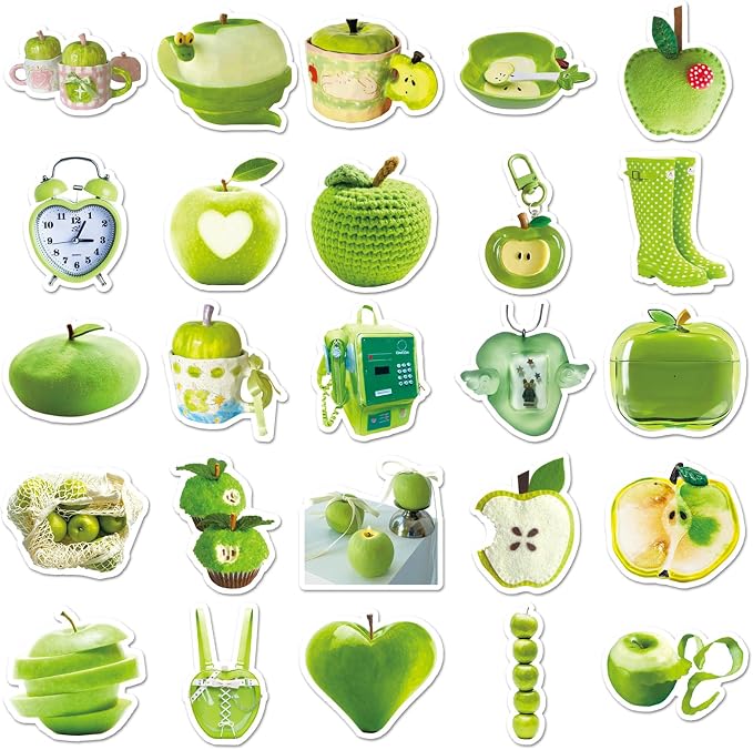 50 Pcs Green Apple Stickers - Ins Style Kawaii Cute Vinyl Decals for Journal, Laptop, Phone Case, Scrapbooking - Waterproof Trendy Sticker Pack (Green Apple)