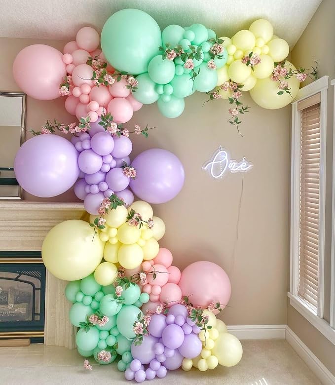 Pastel Rainbow Balloon Arch Garland Kit - 140pcs Different Sizes of Pastel Blue Yellow Purple Pink Balloons for Wedding Spring Macaron Easter Donut Ice Cream Birthday Party Decorations