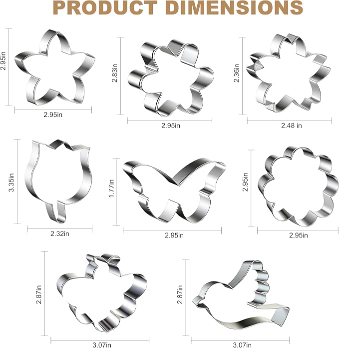 8 PCS Flower Cookie Cutters Set, Stainless Steel Flowers Cookie Cutters, Daisy, Tulip, 3 Shaped of Flowers, Butterfly,Cherry Blossom (Bee & Bird) (silver)