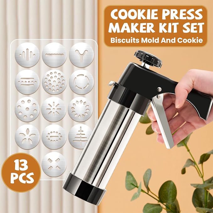 Cookie Press Gun Black - Spritz Cookie Press Kit with 13 Discs & 8 Piping Tips | Perfect for Thanksgiving Christmas, Baking & Cake Decorating