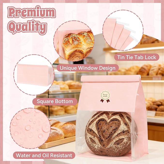 100 Bread Bags with Tabs for Homemade Sourdough Bread, 8.7x4.3x11 Inches Pink Bakery Storage Bags with Window/Ties, Large Bakery Loaf Bag for Baked Goods Packaging