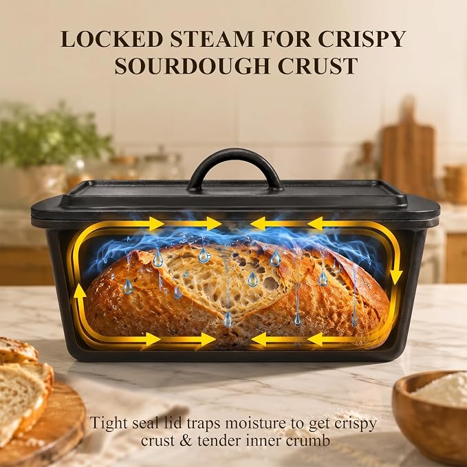 Cast Iron Dutch Oven Bread Loaf Pan with Lid, 14 x 5.5 Inch 3.2QT Pre-Seasoned Pan for Sourdough Baking, Includes Baking Supplies for Homemade Artisan Bread, Heavy Duty with Even Heat Distribution