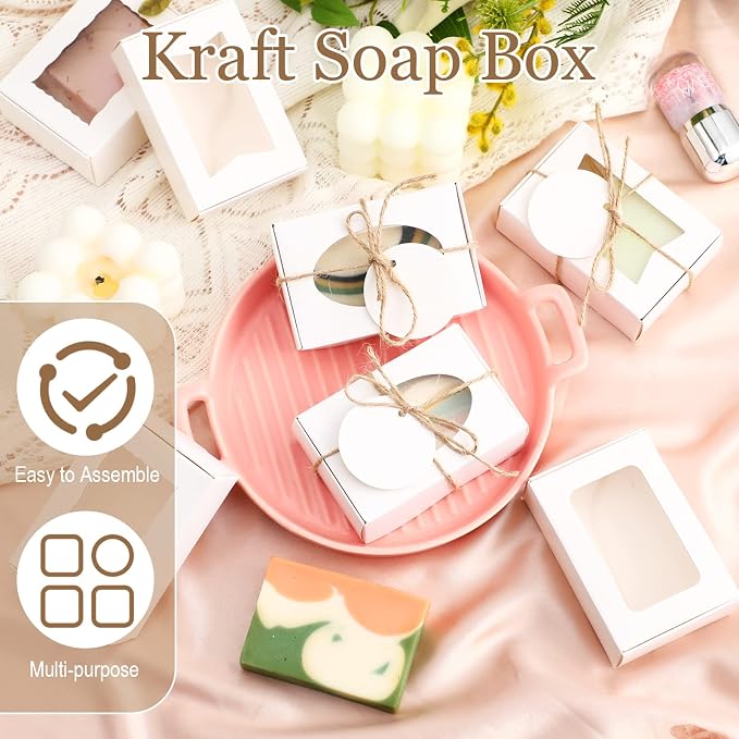 Yexiya 60 Pcs Homemade Soap Boxes 3.55 x 2.4 x 1.2 Inch Kraft Soap Box with Window Mini Gift Packaging Supplies for Homemade Bakery Candy Cookies Party Favor(White)
