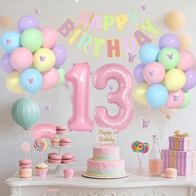 13th Birthday Decorations For Girls -12 Inch Pastel Balloons, 32 Inch Pink 13 Balloon, 3D Butterflies Stickers, Happy Birthday Banner For Teen Girl 13th BD Decorations