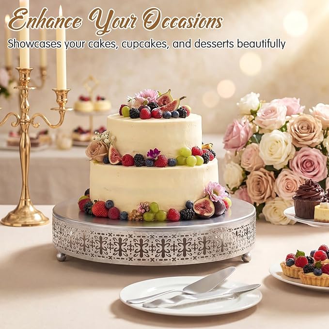 Wenqik Silver Cake Stand 18 Inch Metal Round Cupcake Dessert Wedding Cake Stand with Cutting & Spatula Cookies Display Holder Fruit Serving Tray for Table Wedding Birthday Anniversary Party