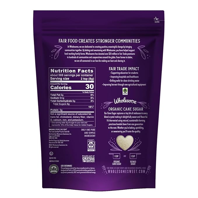 Wholesome Sweeteners 10-Pound Organic Cane Sugar, Fair Trade, Non GMO, Gluten Free, Pure & Vegan, for Baking and Sweetening (Pack of 2)