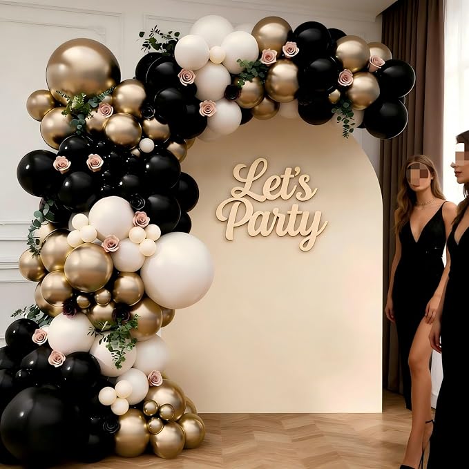 Black Gold Sand White Balloon Garland Arch Kit 143Pcs Sand White Black Chrome Gold Latex Balloons for Wedding Bridal Shower Gender Reveal Birthday Party Decorations
