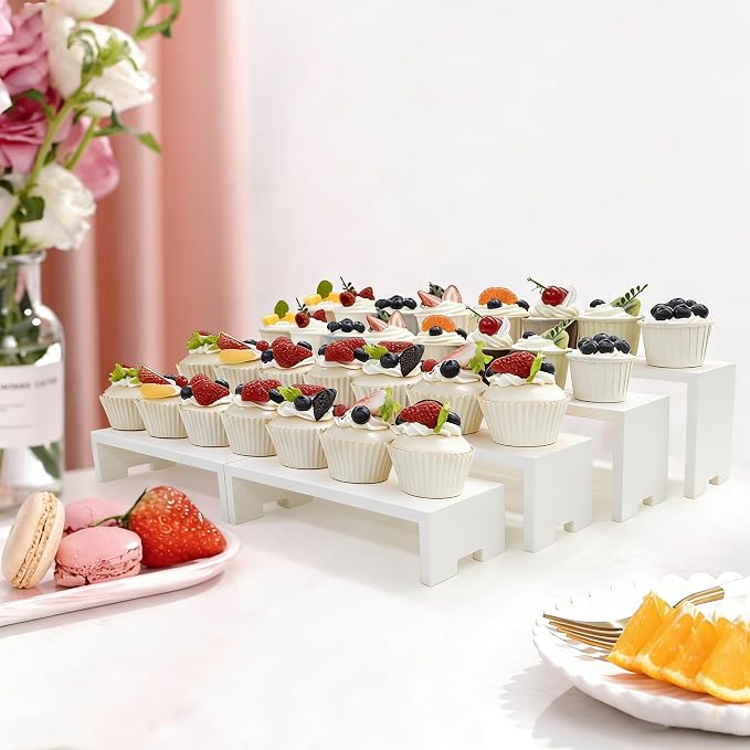 Yikaroeli 2 Set Large White Display Risers Wood Riser Cupcake Display Stand 4 Tiered 8Pcs Rectangular Perfume Dessert Wooden Stands for Vendors Event,11"-8.6" Graduated Sizes