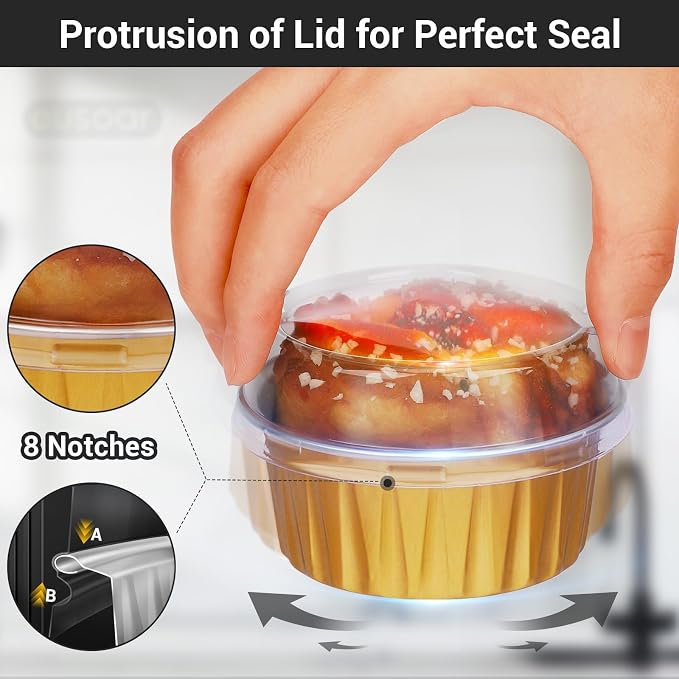 EUSOAR Disposable Ramekins Aluminum Foil, Gold 25Packs 5oz Baking Cups with Lids Mini Muffin Liners, Dessert Cheesecake Pan Oven Safe Creme Brulee Cupcake Containers for Catering Club Wedding Party
