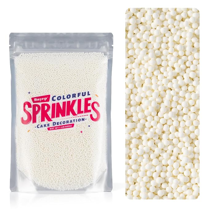 White Nonpareil Sprinkles Bulk 1 pound 2mm White Pearls Suagr Sprinkles for Cake Decorating Ice Cream Dessert Toppings Cookies Cupcakes Mini Round Birthday Candy