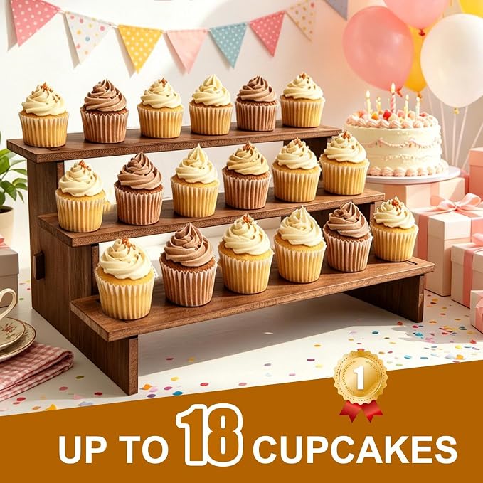 Wooden Display Stand -2PCS Rustic Cupcake Stands | Tiered Cupcake Stand, 3 Tier Serving Tray for Cup Cake, Dessert, Snacks, Spice Rack, Vendor