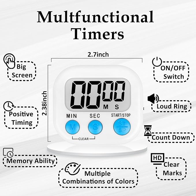 ZILLEEN 12 Pack Kitchen Timers for Cooking Digital Classroom Timers for Kids Teachers White Green Pink