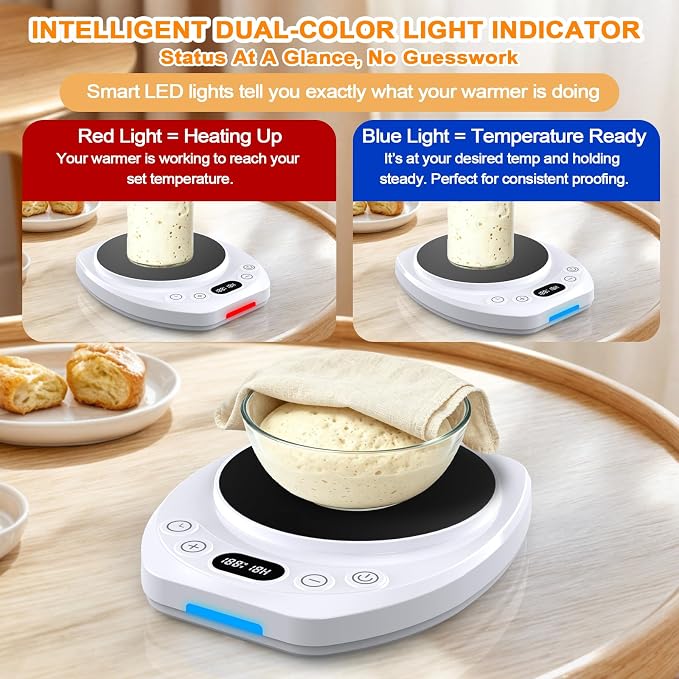 Sourdough Starter Warmer Mat,65-110°F 1°F Precision, 24H Timer & Memory, Electric Heating Mat for 24-40oz Jars, Home Baking（white）