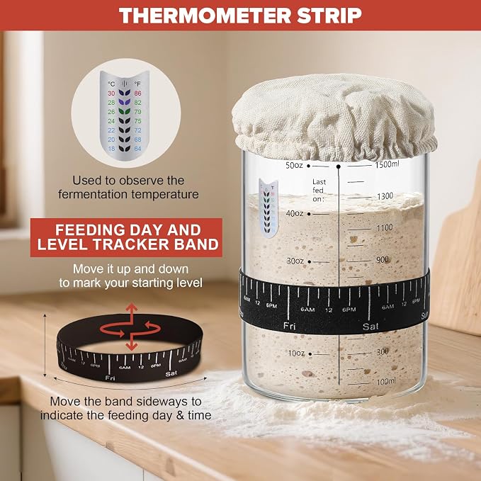 RYTOXILO Sourdough Starter Jar Kit, 50 Oz Glass Large Sour Dough Jars Wide Mouth for Beginners, 10 Pcs Bread Starter Container Set with Bamboo Lid, Sourdough Jar with Bread Baking Supplies Accessories