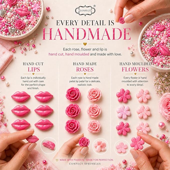 Handcrafted Pink Mini Roses, Silver Hearts, Vermicelli & White Pearls - Vegan, Gluten-Free, Nut-Free, Soy-Free, Dairy-Free Cake & Baking Sprinkles - Perfect for Anniversaries & Special Occasions - 5 Oz