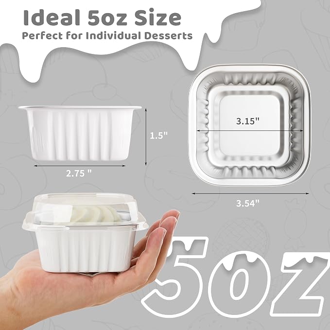 40 Pack 5 OZ Mini Cake Pans with Lids, Disposable Square Aluminum Foil Brownie Baking Cups, Mini Aluminum Foil Cupcake Muffin Tin Ramekins, Flan Molds Cake Containers for Wedding Birthday Party, White