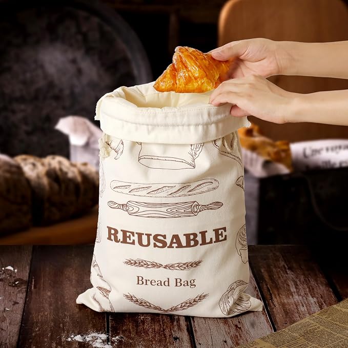Bread Bags for Homemade Bread, 2 Pack Reusable Bread Bags, Linen Bag with Plastic Liner for Sourdough & Bread Storage