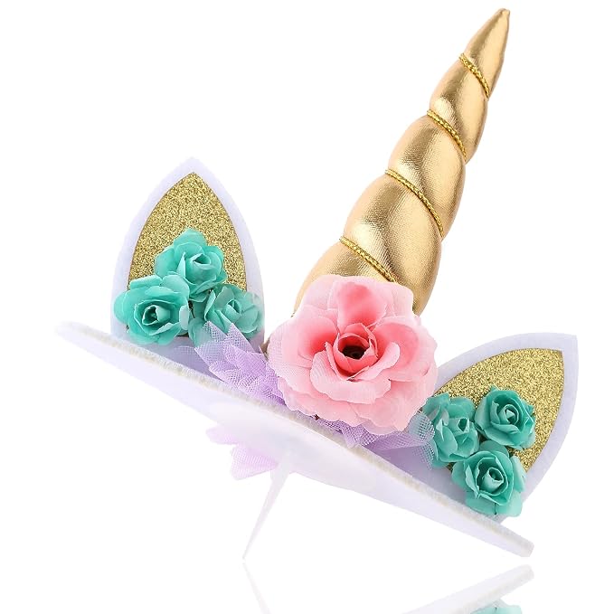 Zkptops Unicorn Cake Topper Birthday Party Supplies Unicorn Birthday Decorations Gold Horn Cake Topper Accessory with Eyelashes Cute Handmade Reusable Cake Toppers for Girls Kids Women 5.8 Inch