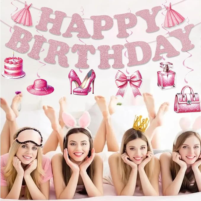 Zwiebeco Pink Rose Gold Girls Happy Birthday Banner Bunting Hanging Paper Swirls Garland Party Decorations for Girls Womens Princess-Style Themed Bday Decor Accessories Supplies