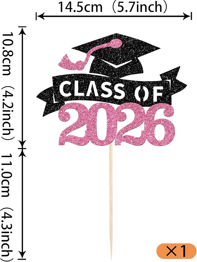 1 Pack Class of 2026 Cake Toppers Graduation Girl Cake Picks Glitter 2026 Graduation Cake Decorations for Theme High School Girls Graduate Cake Decorations Party Supplies Pink