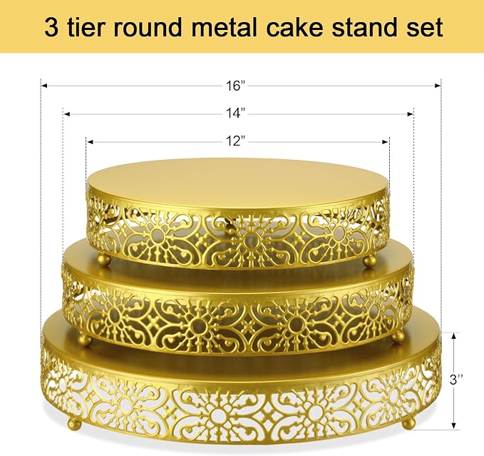 Wenqik 3 Pcs Cake Stand Set, 16" 14" 12" Gold Metal Round Cake Display Stands with Detachable Design for Dessert Cupcake Wedding, Birthday, Party, Event, Anniversary, Table Decoration