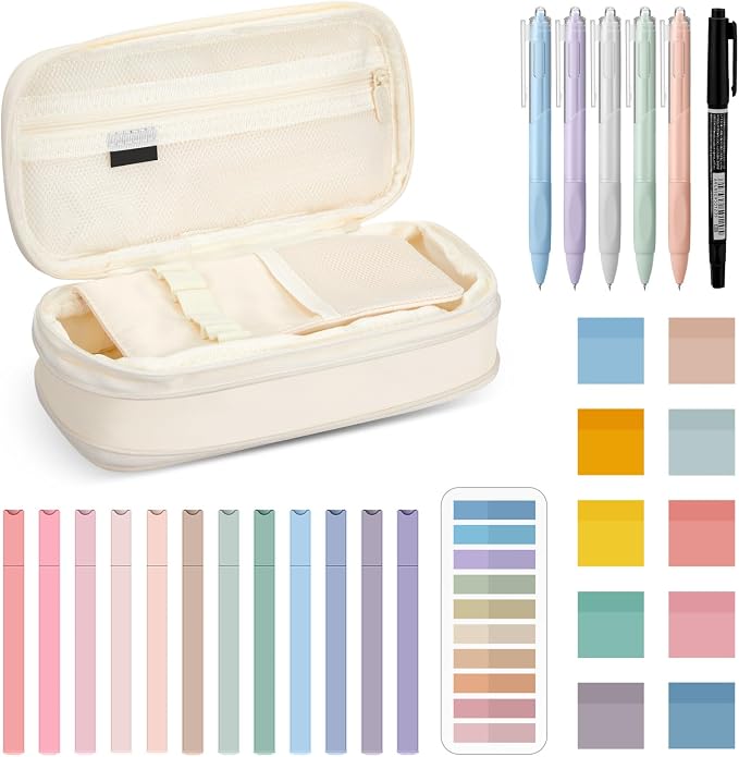 Jutom 39 Pcs Aesthetic Book Annotation Kit Highlighter with Case Bag Gel Pen Transparent Sticky Note Taking Bible Supplies(Cream,Cute Style)