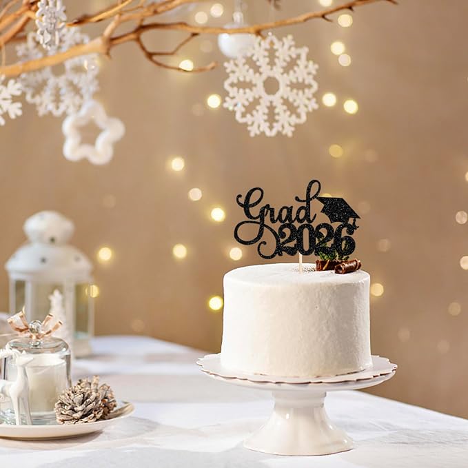1 Pack Grad 2026 Cake Topper with Glitter Congrats Grad Cap Class of 2026 Cake Pick Decorations for 2026 Graduation Theme School Boys Girls Graduate Party Supplies Black