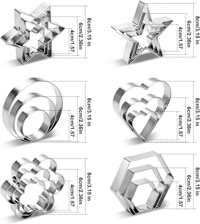 18Pcs Cookie Cutters Set,Stainless Steel Biscuit Cutter Shapes with Heart,Star, Flower, Round,Hexagon,Large Small Mini Sizes Variety Pack Cookie Molds for Baking,Sandwiches, Cake,Fruit,Veggie