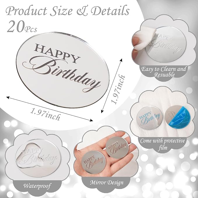 20pcs Silver Birthday Cupcake Toppers Acrylic Cake Picks for Party Decor | Mirror Design Birthday Party Supplies Round Picks DIY Gifts Flower Bouquet Pastries Desserts Decor