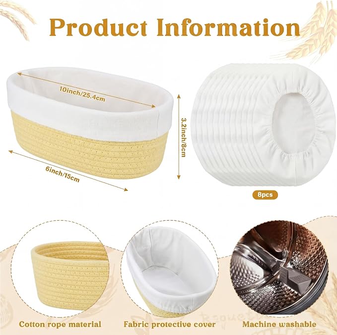 4 Pcs 10 Inch Bread Proofing Basket Set Cotton Rope Oval Banneton Basket Sourdough Bread with Liners Covers for Baking Supplies (Yellow)