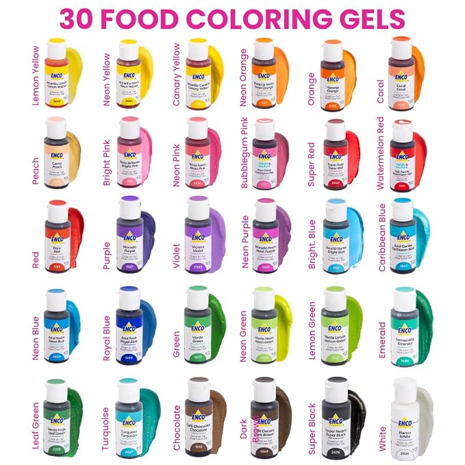 ENCO 30 Food Coloring Gel Set 1.41 oz each (40g), Includes Color Mixing Guide