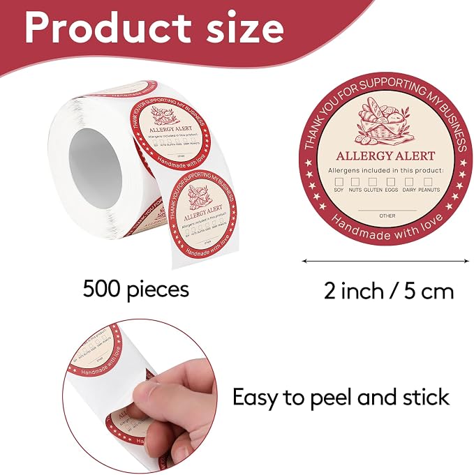 500 PCS Allergen Warning Stickers | 2" Round Waterproof & Writable Food Labels | Checkbox Allergen List for Bakery, Restaurant, Catering
