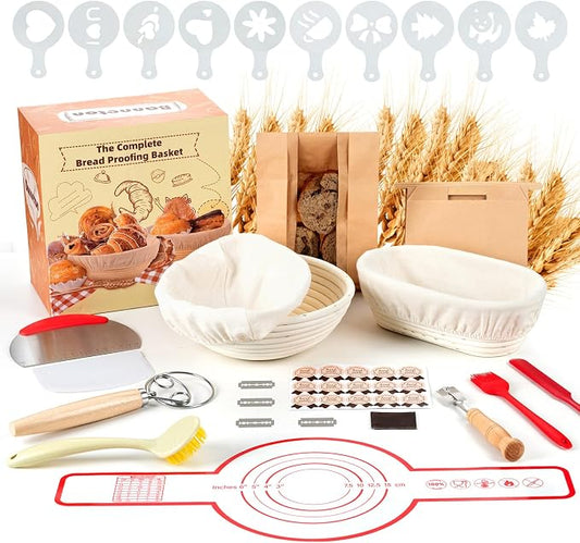 Sourdough Bread Baking Supplies, Sourdough Starter Kit, 9" Round and 10" Oval Sourdough Kit, Banneton Bread Proofing Basket for Home and Kitchen, Bread Basket, Sour Dough Starter Kits, Gift