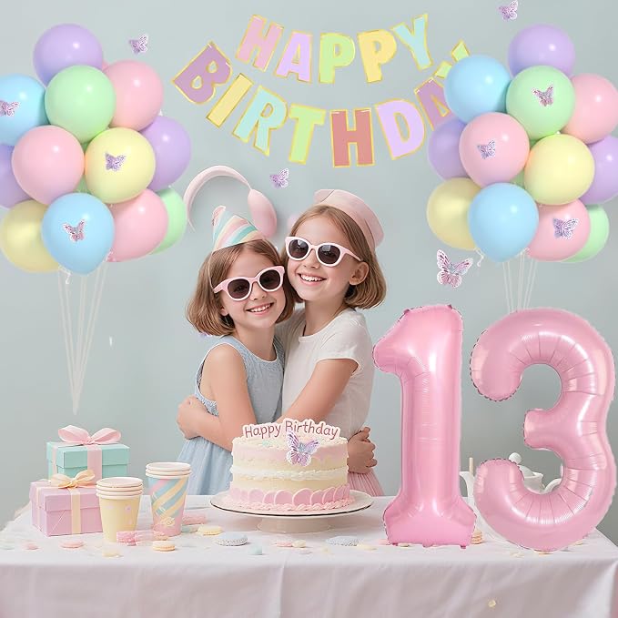 13th Birthday Decorations For Girls -12 Inch Pastel Balloons, 32 Inch Pink 13 Balloon, 3D Butterflies Stickers, Happy Birthday Banner For Teen Girl 13th BD Decorations