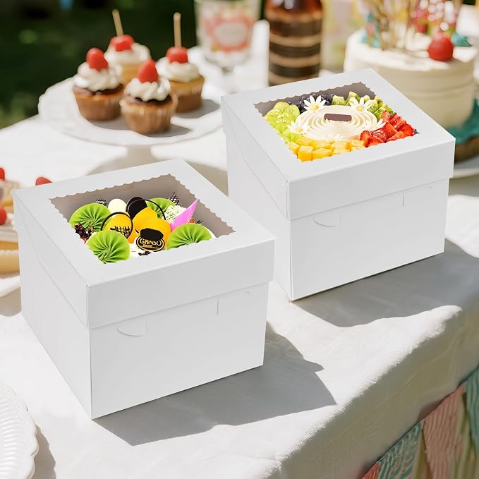 15Pcs 10x10x8 Inch Tall Cake Boxes with Clear Window & Cake Boards - Sturdy White Bakery Boxes with Scalloped Edge for Layer, Wedding, Birthday Cakes - Secure Transport for Professional & Home Bakers