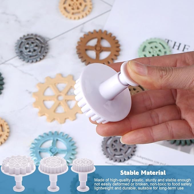 3Pcs Gear Cookie Cutters, Steampunk Cogs Plunger Mold, 3D Gear Cookie Stamp Mold, Clock Wheel Biscuits Fondant Molds for Cake Cookie food Decoration