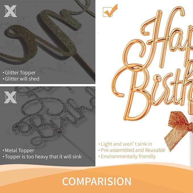 Gold Happy Birthday Cake Topper Plastic - 3D Double Sided Cursive Happy Birthday Sign for Cake with Bow, Idea for Cake Decoration(GOLD)