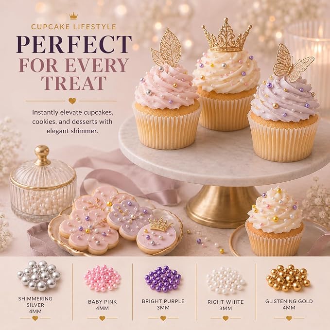 Confect Pearl Sprinkles | Sprinkles for Cakes & Cupcakes Decoration | Assorted pack of 5 Royal Unicorn | Mix Sliver, Baby Pink, Purple, White & Golden Dragees | Vegan, Gluten-Free, Nut-Free, Soy-Free, Dairy-Free, Palm Oil-Free, No Artificial Dyes - 5 Oz
