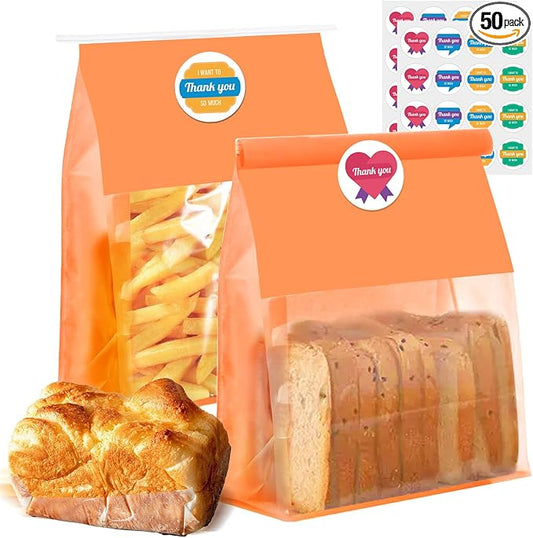 50 Pack Bakery Bags with Window - Large Reusable Cookie Bags With Seal Can Stand Upright Cookie Packaging Bag With Tin Tie Tab Lock Kraft Paper Bread Bags For Pastry,Donuts,Snacks（Orange Large)