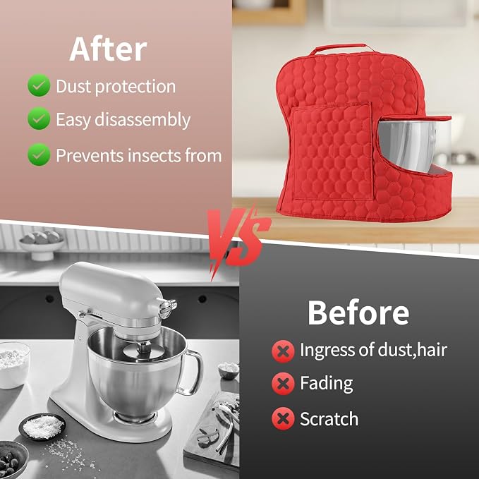 Stand Mixer Dust Cover Compatible with KitchenAid Mixer - Stand Mixer Cover Fits for 4.5/5 Quart, Storage Bag with 2 Pocket for Accessories and Attachments（Red, For 4.5- 5QT）