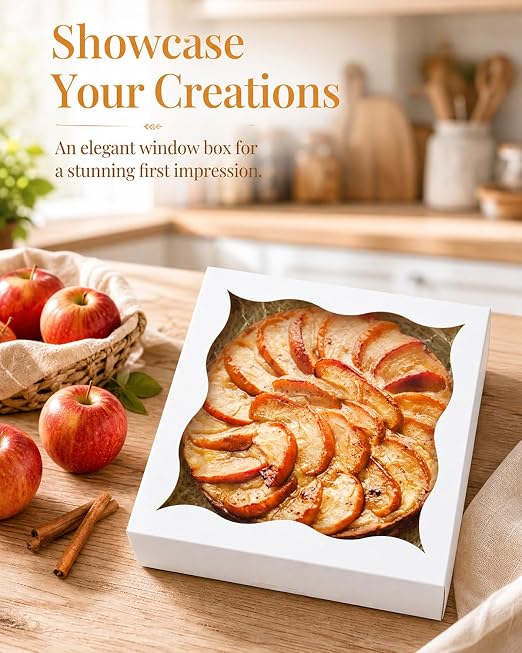 qiqee Auto-pop Up White Pie Boxes with Window 12"x 12"x 3" 120Packs Cookie Donut Bakery Box