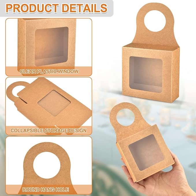Mototo 30 PCS Kraft Paper Wine Bottle Boxes with Transparent Window Hanger Foldable Wine Bottle Empty Gift Boxes with Hanger for Valentines Christmas Candy Truffles Chocolate Cookies Packing, Kraft