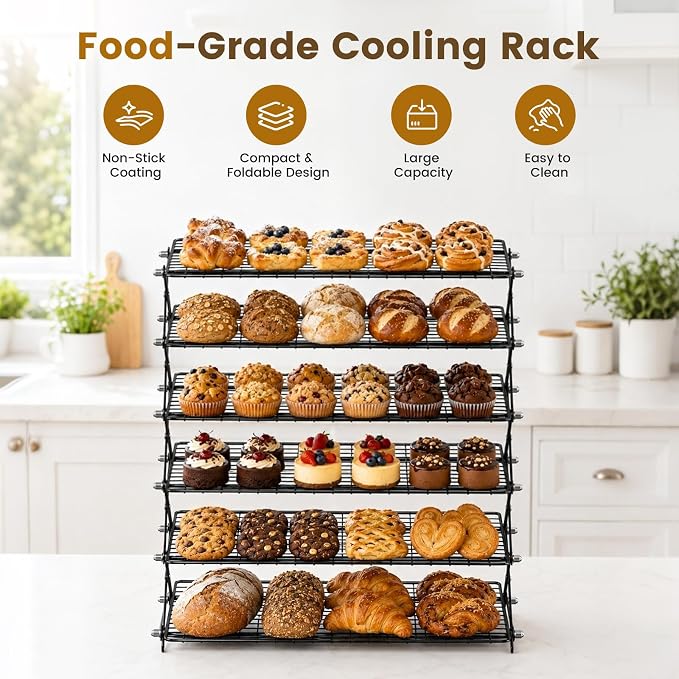 6 Tier Collapsible Cooling Rack for Baking Cookies Bread Barbecue | Include 50 Baking Papers, 4-Level Adjustable Height, 3 Setting Design, Stackable Roasting Rack, X-Shaped Structure