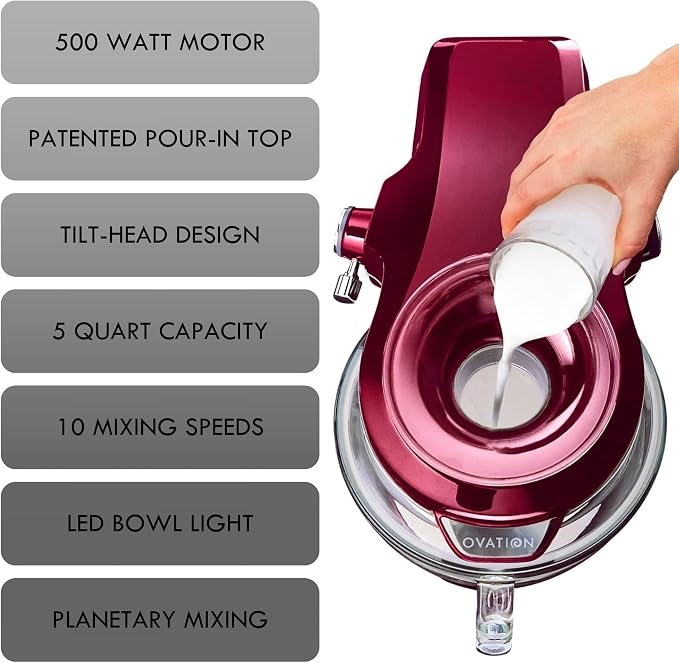Kenmore Ovation 500W RedStand Mixer, 10‑Speed Tilt‑Head with 5QT Glass Bowl, Pour‑In Top, 360° Splash Guard, LED Light, Flat Beater, Dough Hook & Whisk for Powerful, Stable, Low‑Noise Mixing