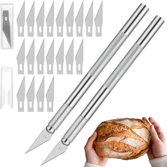 2PCS Bread Lame Dough Scoring Tools with 20 Blades, Professional Sourdough Scoring Tool with Safety Cover & Ergonomic Stainless Steel Handle, Bread Scorer Tool for Sourdough & Breads Baking