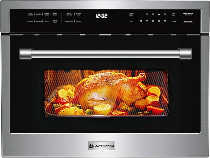 AAOBOSI 24 Inch Built-in Microwave Convection Oven, 1.6 Cu.Ft Wall Microwave Air Fryer Combo, 1000W, Sensor Cook & Auto Menu, 12 Cooking Modes, Drop Down Door, Stainless Steel