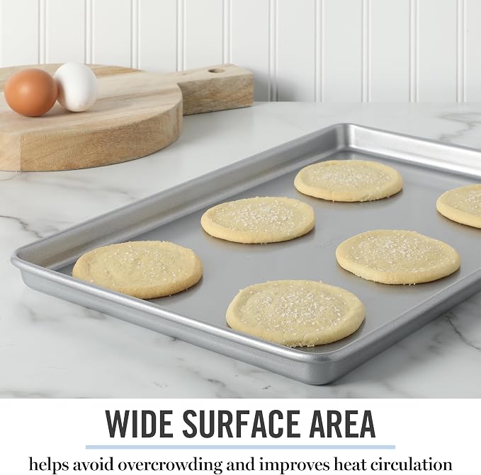 Martha Stewart Gallen 17 x 11 Inch Nonstick Carbon Steel Cookie Sheet - Silver Durable Baking Pan for Cookies, Brownies & Roasting