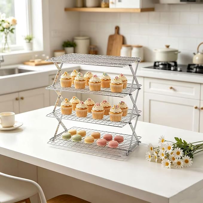 4-Tier Collapsible Cooling Rack-Adjustable Stackable Non-Stick Wire Rack for Baking,for Baking, Roasting, Cookies, Cakes, Drying, Picnic & BBQ,Silver